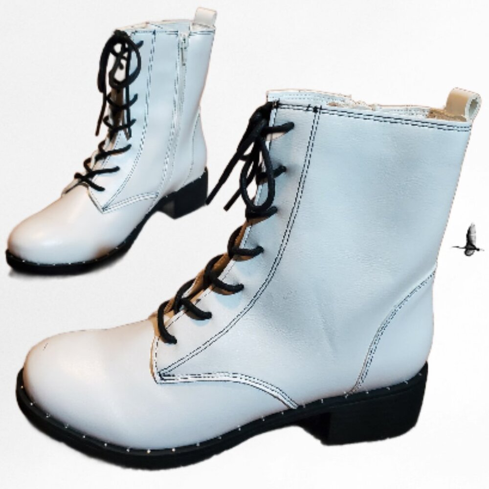 JGoods Women's White Faux LEATHER Lace-Up Inner Far Comfort Ankle Boots SZ 7.5